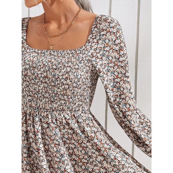 Boho Floral Shirred Bodice Square Neck long sleeve Dress - Picture 3 of 5